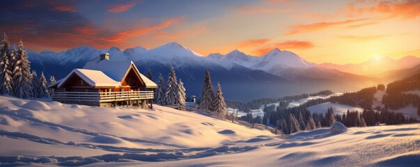 Cozy mountain hut in snowy nature. Winter country. Generative AI. - obrazy, fototapety, plakaty