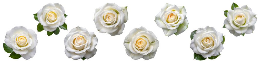 White roses collection isolated on transparent background.