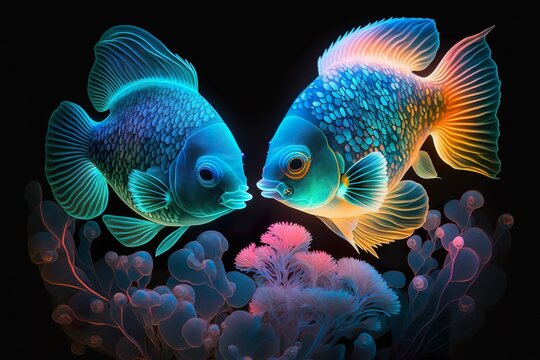 Underwater world. Fish and corals  in marine aquarium with best lighting