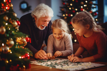 Grandfather and his grandchildren playing board game near Christmas tree - obrazy, fototapety, plakaty