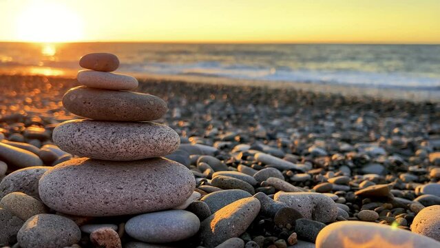 Pyramid of light stones on pebble beach against background of setting sun, sea waves, coast, sunset. Ocean shore zen. Concept of calm, yoga, self-improvement, construction, games, travel, tourism