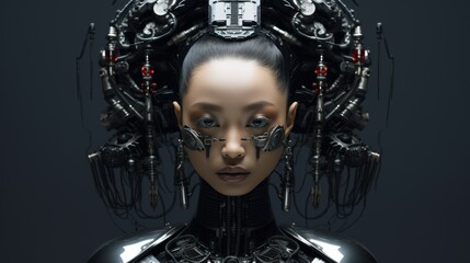 Fototapeta na wymiar artificial intelligence, young girl of Asian appearance, multinational. neural network