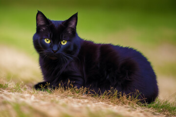 Naklejka na ściany i meble A beautiful black cat. Shadows and Whispers. The Enchanting Allure of the Black Cat. Generative AI