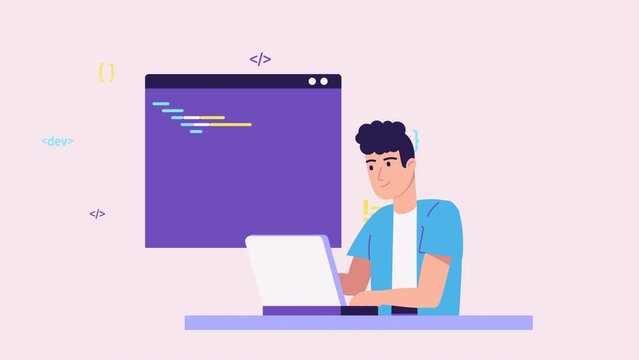 Programmer developer working on code, coding, testing, debugging, analysing. Web development young man works with programming languages. freelance IT worker 4k animated character. Stock footage