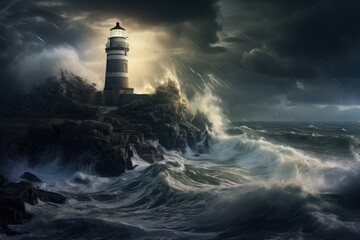 Lighthouse on a cliff during a storm - obrazy, fototapety, plakaty