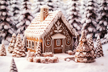 Gingerbread house in snow forest