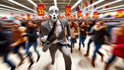 mannequin with a startled expression seems to flee from eager shoppers, capturing the pandemonium of a sale event - obrazy, fototapety, plakaty