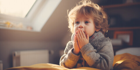 Little sick child feeling cold at home. Concept of house heating in winter and illness. - obrazy, fototapety, plakaty