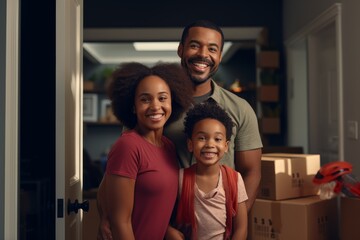 A happy African American family is moving into their new home. Cozy living room, cardboard boxes with things. Mortgage loan, the concept of improving housing conditions, moving.