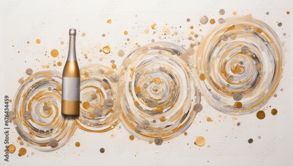 Wall mural a gold champagne bottle, confetti and stars on a beige table generative ai