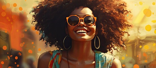 In the summer heat a happy African woman with beautiful black hair enjoyed the fun filled day with a group of people wearing fashionable sunglasses and rocking a hipster style showcasing the - obrazy, fototapety, plakaty