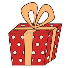 Christmas gift box isolated on white background. Merry Christmas and Happy New Year groovy sticker. Funny retro flat cartoon element in trendy 60s-70s style. 