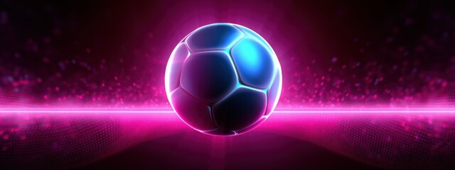  futuristic sports banner with soccer ball on neon background with space for text - obrazy, fototapety, plakaty