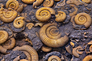 Fossilized ammonites in the rock