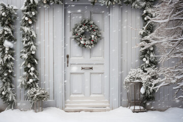 Elegant Christmas wreath on white door in snowy day