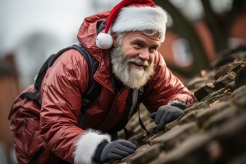 Fototapeta premium Magical Entry: Santa Claus, wearing a bright red suit, descends a chimney with a twinkle in his eye, ready to deliver happiness to children far and wide