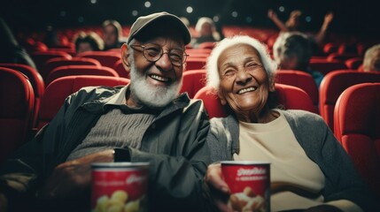 senior people's day concept. couple in love watching a movie and laughing in the cinema and eating popcorn - obrazy, fototapety, plakaty
