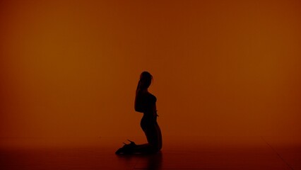 Framed against a red, orange background. Standing woman in silhouette, she is dressed in open...