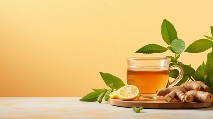 Healthy tea with mint leaves and ginger in glass cup on pastel yellow background. Warm drink for body health. Copy space