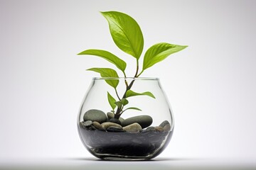Coins with small plant in glass jar 
