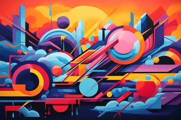 Dynamic Exploration Mural: A captivating graffiti masterpiece with bold, abstract shapes and...