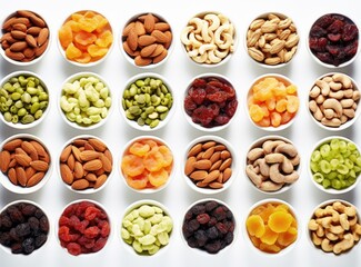 various healthy foods in bowls on a white background