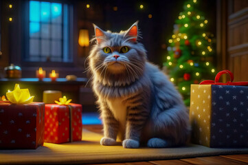 Beautiful cute cat with Christmas gifts in a festive interior