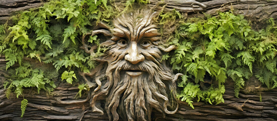 tree trunk with green man face. AI generated. - obrazy, fototapety, plakaty