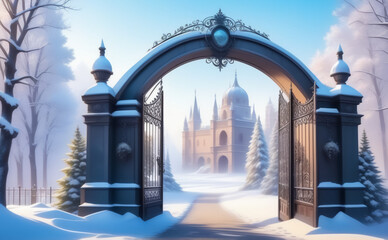 Fototapeta premium The gate is the entrance to the castle garden. Winter landscape. AI