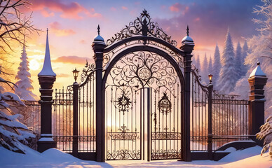 The gate is the entrance to the castle garden. Winter landscape. AI