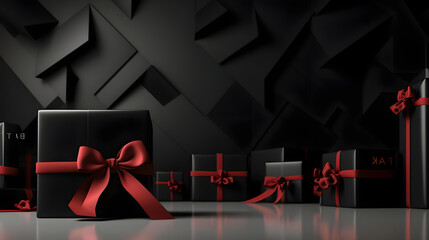 Elegantly arranged and wrapped gifts in dark paper with red ribbon bow. Dark background with fog. Black friday & Cyber Monday banner, advertising illustration. - obrazy, fototapety, plakaty