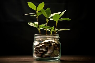 Fototapeta na wymiar Coins with small plant in glass jar 