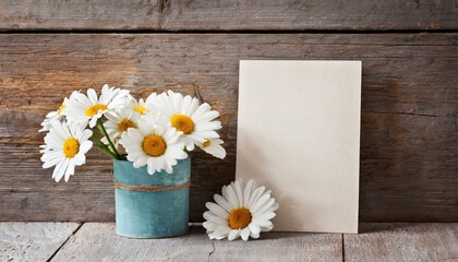 Greeting or invitation card and daisy flowers