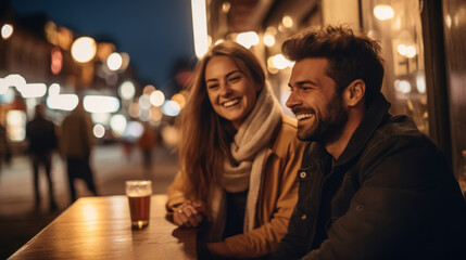 Happy couple laughing together on a city night date - obrazy, fototapety, plakaty