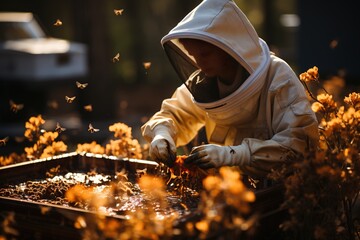 Beekeeper in action: A diligent apiarist tends to beehives, ensuring the health and productivity of the honeybee colony - obrazy, fototapety, plakaty