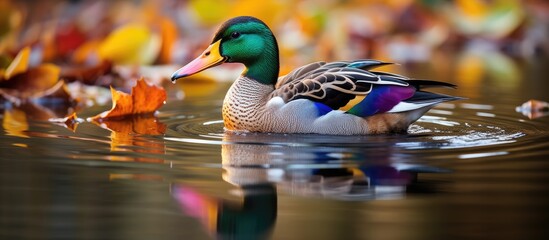 The colorful mallard scientifically known as Anas platyrhynchos gracefully glides across the shimmering lake its vibrant feather reflecting in the tranquil waters showcasing the beauty of th - obrazy, fototapety, plakaty