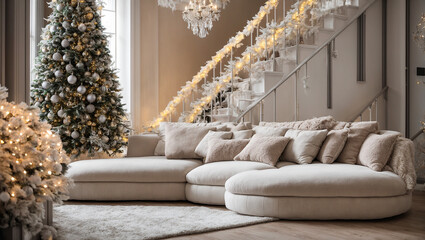 Modern sofa in the room, Christmas tree