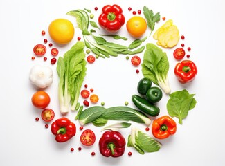 various vegetables are arranged in the shape of a circle on a white background