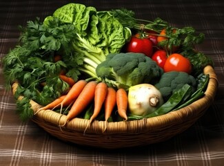 Vegetable, greens, and carrots in round basket