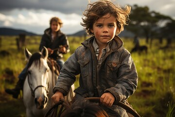 oyful moments: A child and their horse create memories while riding through picturesque landscapes - obrazy, fototapety, plakaty