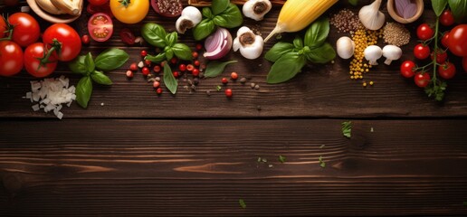 Wooden background with ingredients, fresh greens and textile for food menu. 