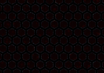 Large image of a hexagonal pattern with small yellow and black dots inscribed in orange hexagons with diagonal lines and points, bordered by small black water waves on a black background - 676437847