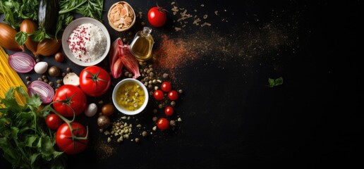 Fototapeta na wymiar Kitchen cooking background: cherry tomatoes, onions, spices and herbs. On a black background.