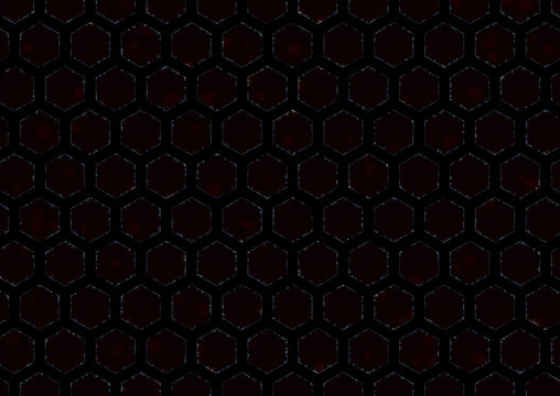 Large image of a hexagonal pattern with small yellow and black dots inscribed in orange hexagons with diagonal lines and points, bordered by small black water waves on a black background