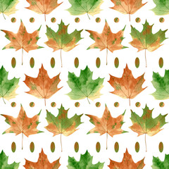 Seamless maple leaves pattern. Watercolor botanical background with fall leaves for autumn decor design, textile, wallpaper