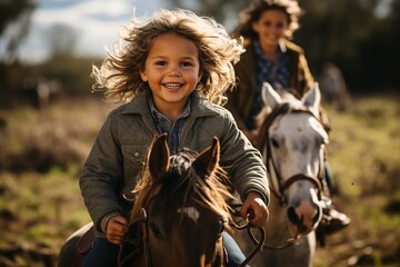Child riding a horse through nature - obrazy, fototapety, plakaty