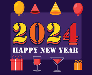 Fototapeta na wymiar Happy New Year 2024 Holiday Design Multicolor Abstract Vector Logo Symbol Illustration With Purple Background