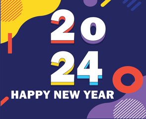 Happy New Year 2024 Holiday Design Multicolor Abstract Vector Logo Symbol Illustration With Blue Background