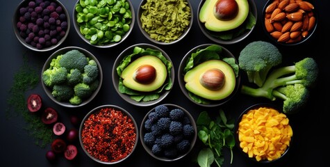 various healthy foods in bowls on a gray background
