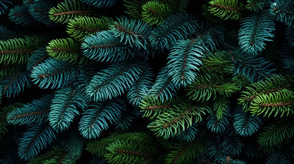 Green and blue Christmas tree branches texture. Close up of fire or pine tree on dark background. Evergreen tree macro photography. Rustic nature texture.